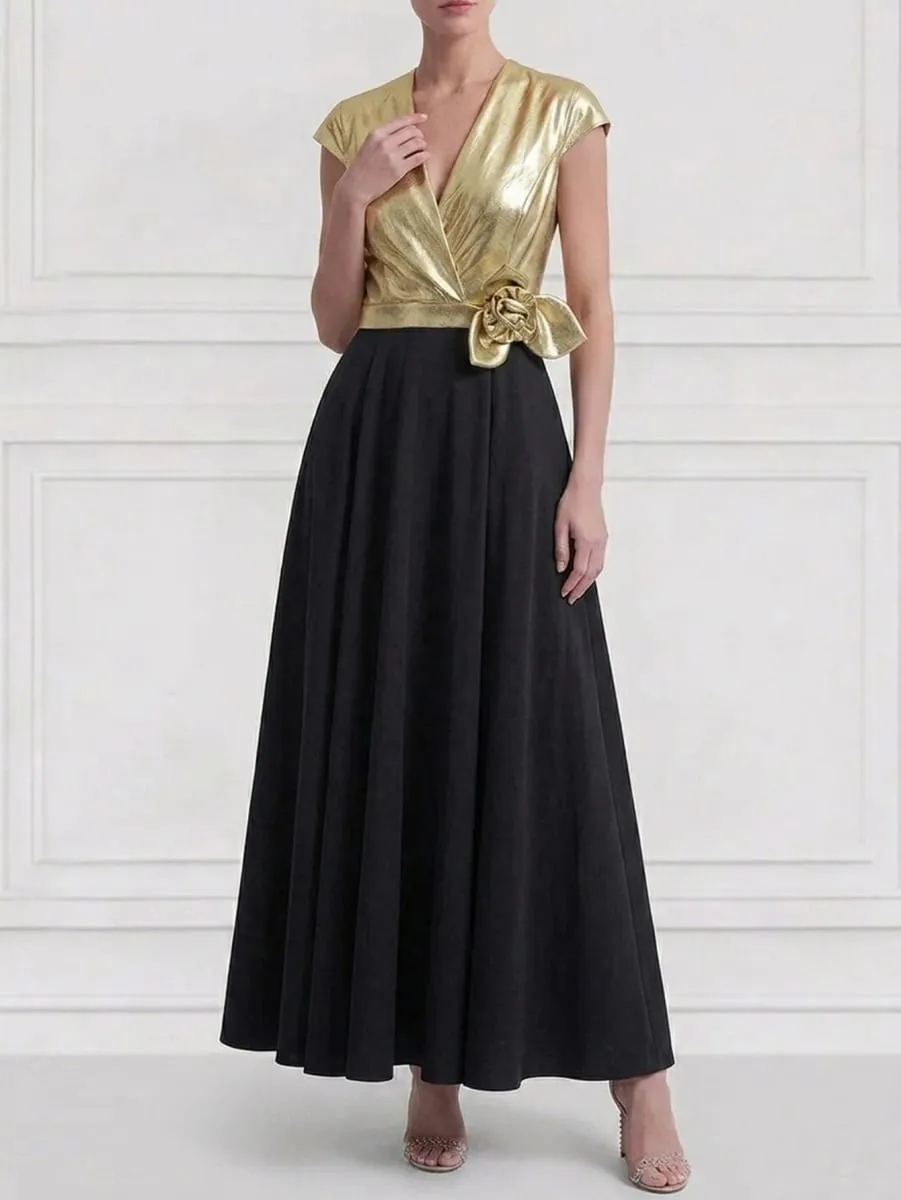 Women's Cap Sleeve V Neck Wrap Maxi Dress Contrast Splicing Floral Applique Detail A Line Pleated Long Dress Elegant Formal Evening Outfit — image 5