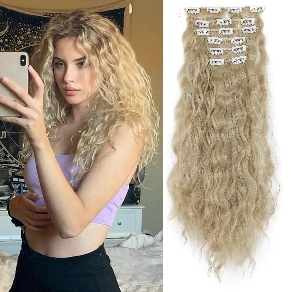 Synthetic Hair Extensions 16Clips In 6PCS Set Curly 22inch Long Clip On Hairpiece Corn Wavy Style For Women Girls Daily Party