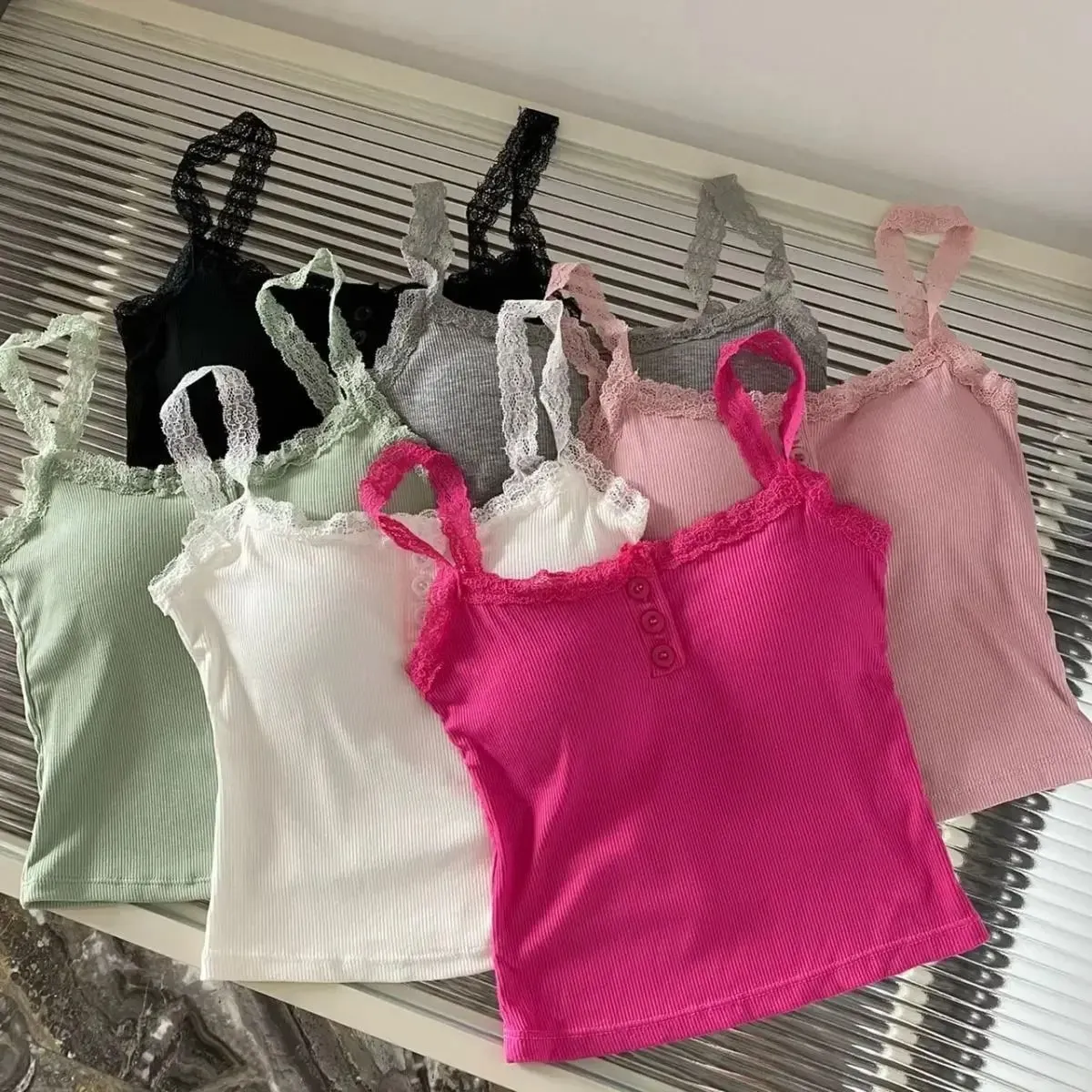 2024 Solid Color Knit Tank Top Vest Women Female Slim Undershirt Sexy Lace Camisole With Chest Pad Crop Tops Sleeveless T Shirt — image 8