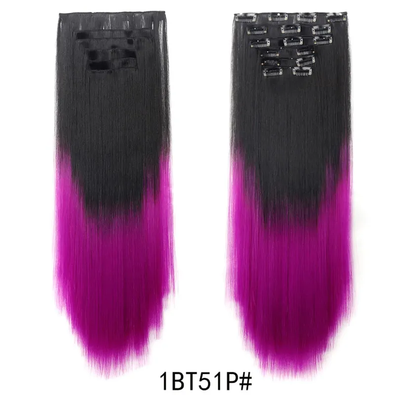 6PCS Set Clip In Hair Extensions 24Inch Long Straight Full Head Synthetic Hair Ombre Gradient Color Daily Use for Women Ladies
