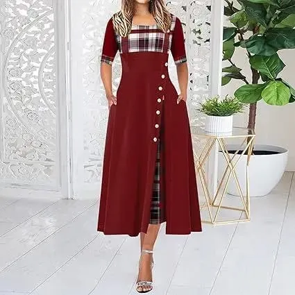 Women's Irregular Lattice Patchwork Long Dresses Vintage Buttons O Neck Half Sleeves Casual Lady Commuting Dress Fashion — image 10
