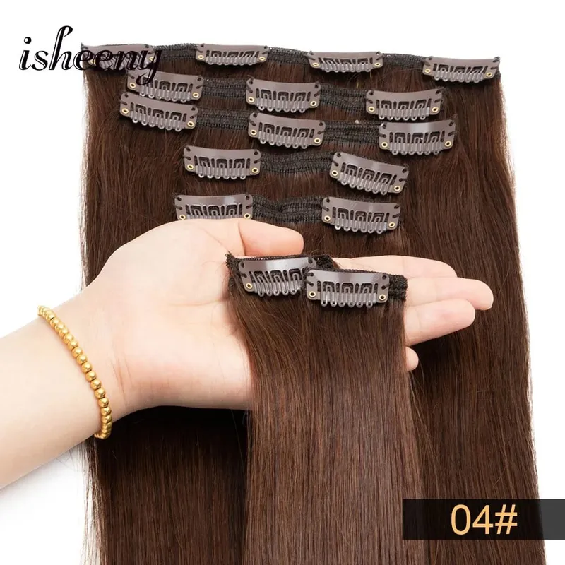 Isheeny 14"-22" Clip In Human Hair Extensions Brazilian Remy Natural Clip Human Hair Extension Real Natural Clip On 50-65G