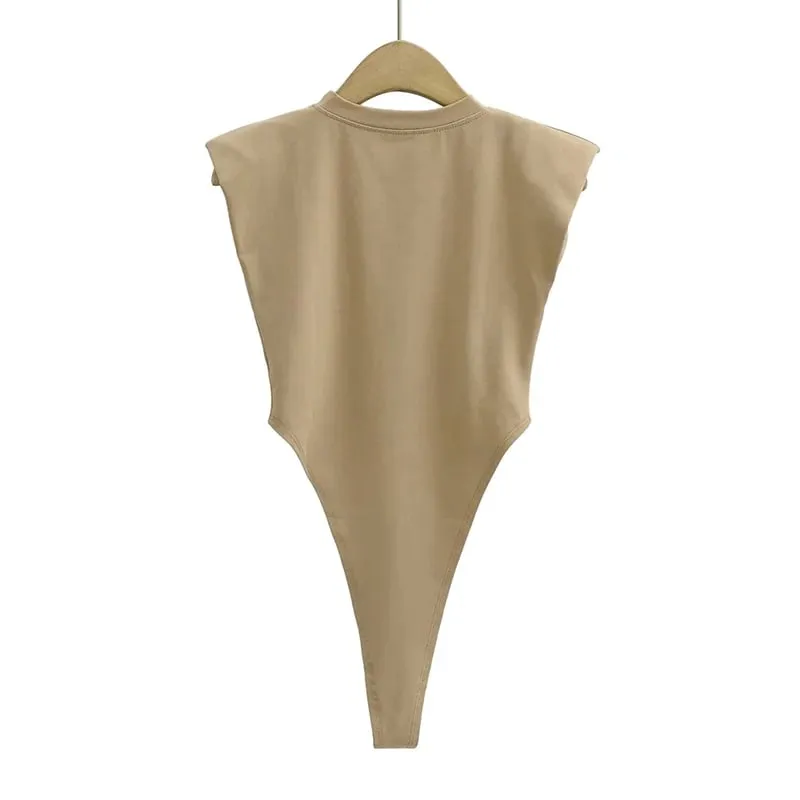 Sexy tops women 2024 Summer one-pieces bodycon bodysuit padded shoulder bodysuit black sleeveless body suits for women white — image 5