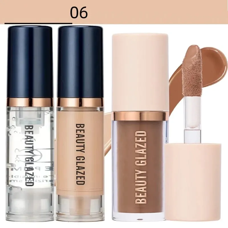 3pcs Face Makeup Set Liquid Foundation+Primer+ Liquid Contour Natural Weightless Long-wearing Smudgeproof Bronzer