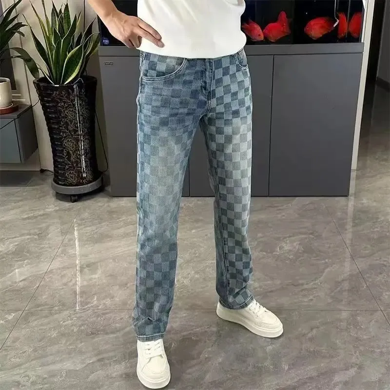 Spring Summer Checkered Jeans From Trendy Brand Versatile Men's Straight-leg high-end loose Casual Straight Stretch Pants — image 6
