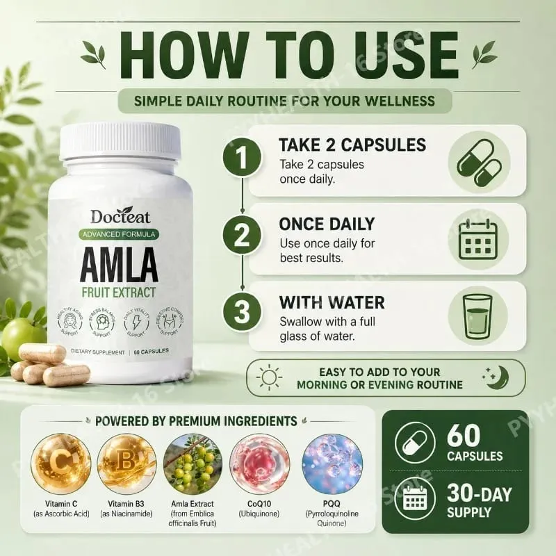 Капсулы с экстрактом фруктов Docteat Amla, поддержка иммунной функции, поддержка здоровья кожи с витамином C, B3, CoQ10, PQQ, 60 капсул