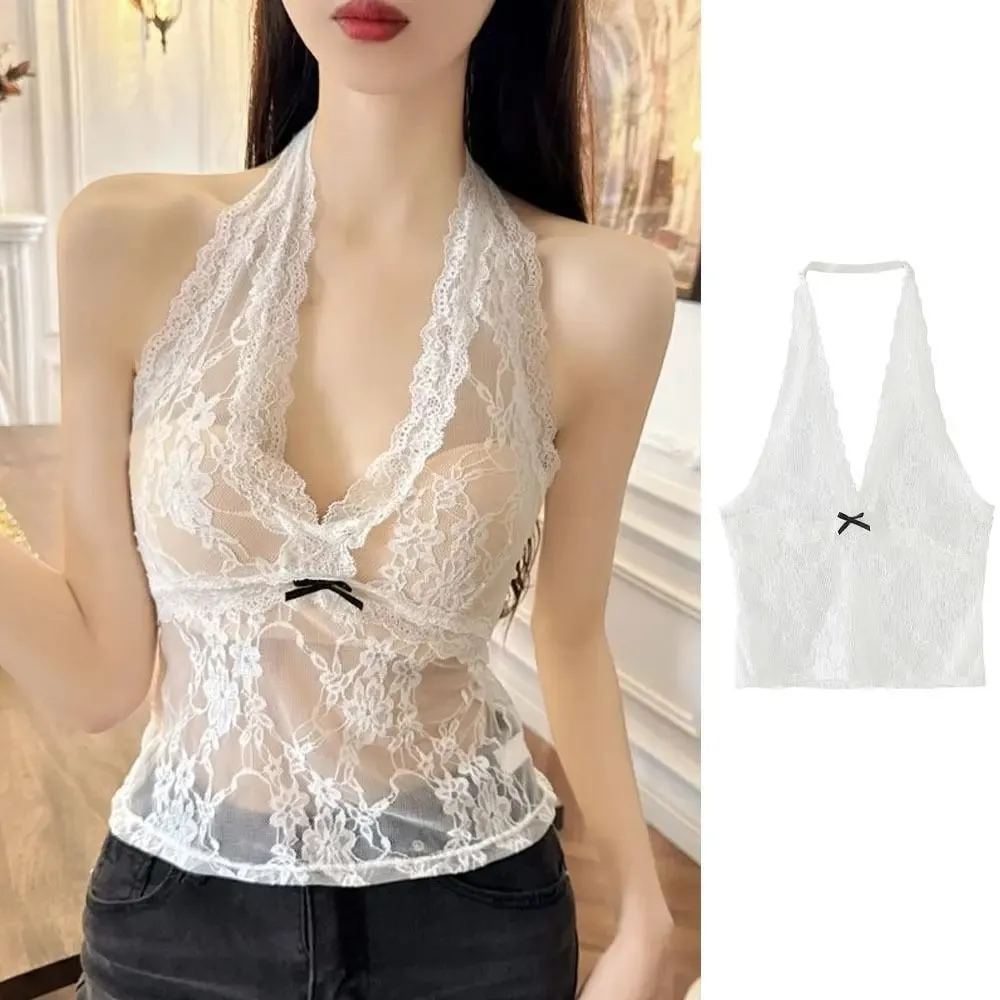Elegant Mesh Lace Halter Vest V-neck Beachwear Lace-up Short Shirt Streetwear Spicy Girl Style Sweet Floral Camisole Party
