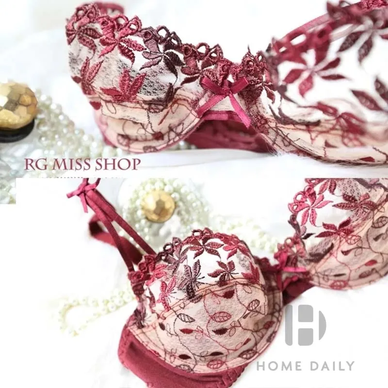 Pure Desire Victoria Thin Bra Set Lace Mesh Red Beautiful Back Sex Underwear Hold Up with Underwire Transparent Bra Woman