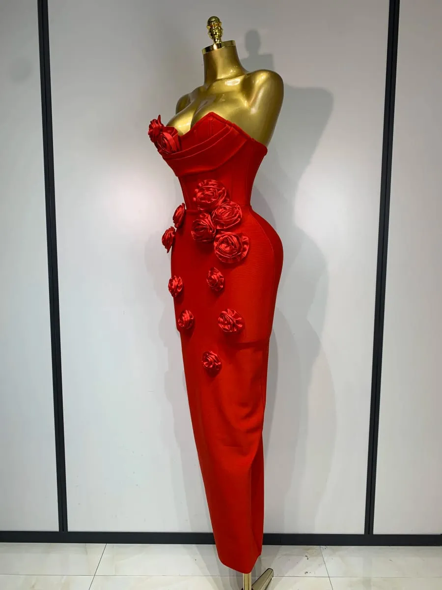 2025 ใหม่ล่าสุดผู้หญิงเซ็กซี่Backlessดอกไม้สีแดงMidiชุดCelebirty Elegant Evening Club Partyชุดวันเกิด — image 2