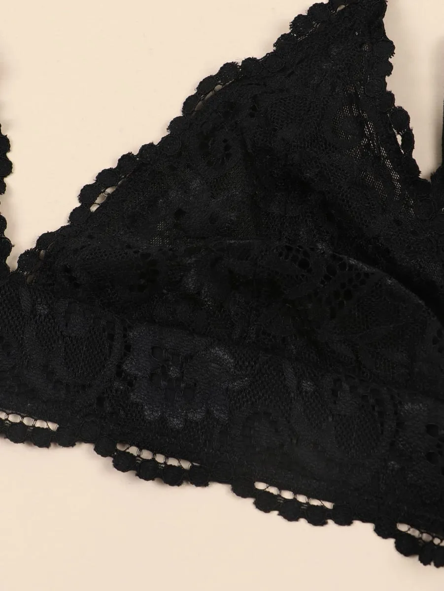 Varsbaby Women Lace Bra Brief Set 2pcs Wire Free Triangle Cup Brassiere Lace Sheer Panty for Women Romantic Underwear Lingerie — image 4