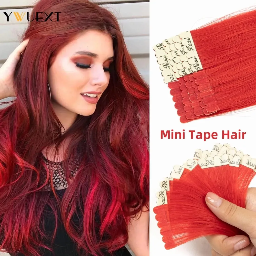 Highlight Red Human Hair Tape In Extensions 12" 16" 20" 24“ Natural Straight Machine Remy Tape In Hair On Glue Adhesive