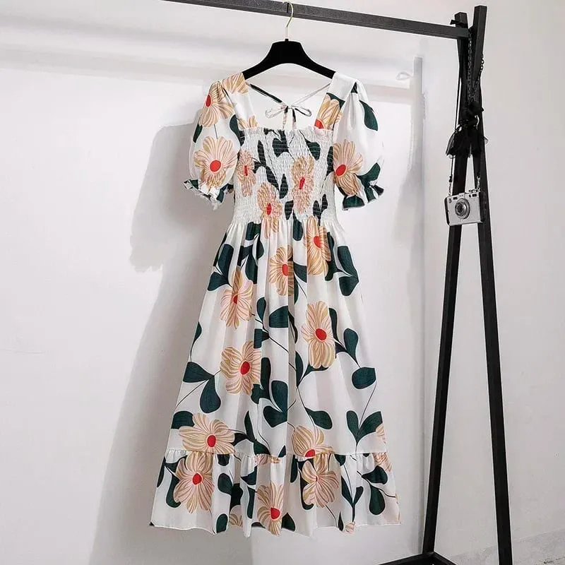 Spring Summer Chiffon Dresses Fashion Female Elastic Waist Short Sleeve Pleated Casual Dress Women A-line Dresses Vestidos — image 2