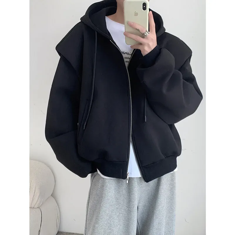 2024 Autumn New Padded Shoulder Design Solid Streetwear Men Double Zip-up Hooded Sweatshirts Harajuku Casual Daily Hoodies