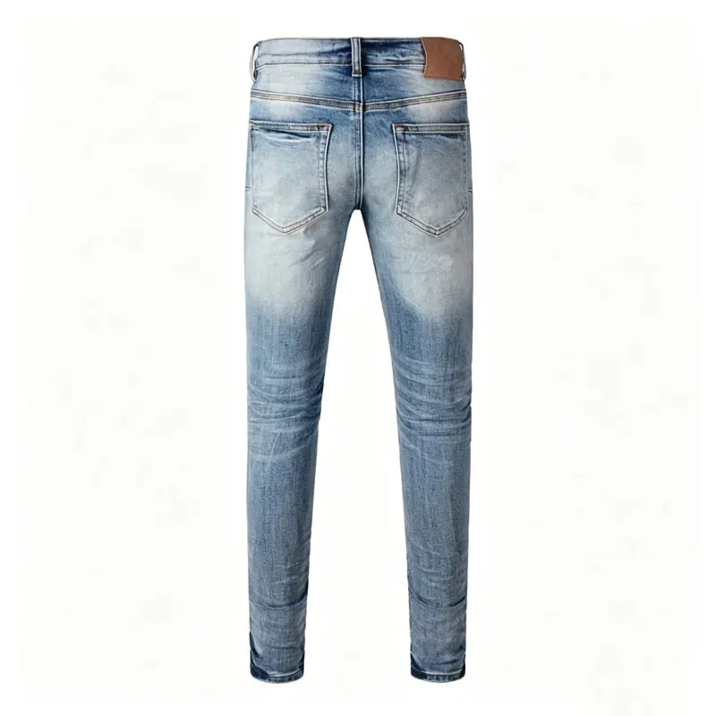 Vaqueros clásicos ajustados y cónicos para hombre, estilo vintage azul claro con lavado degradado, bragueta con botones, estilo High Street