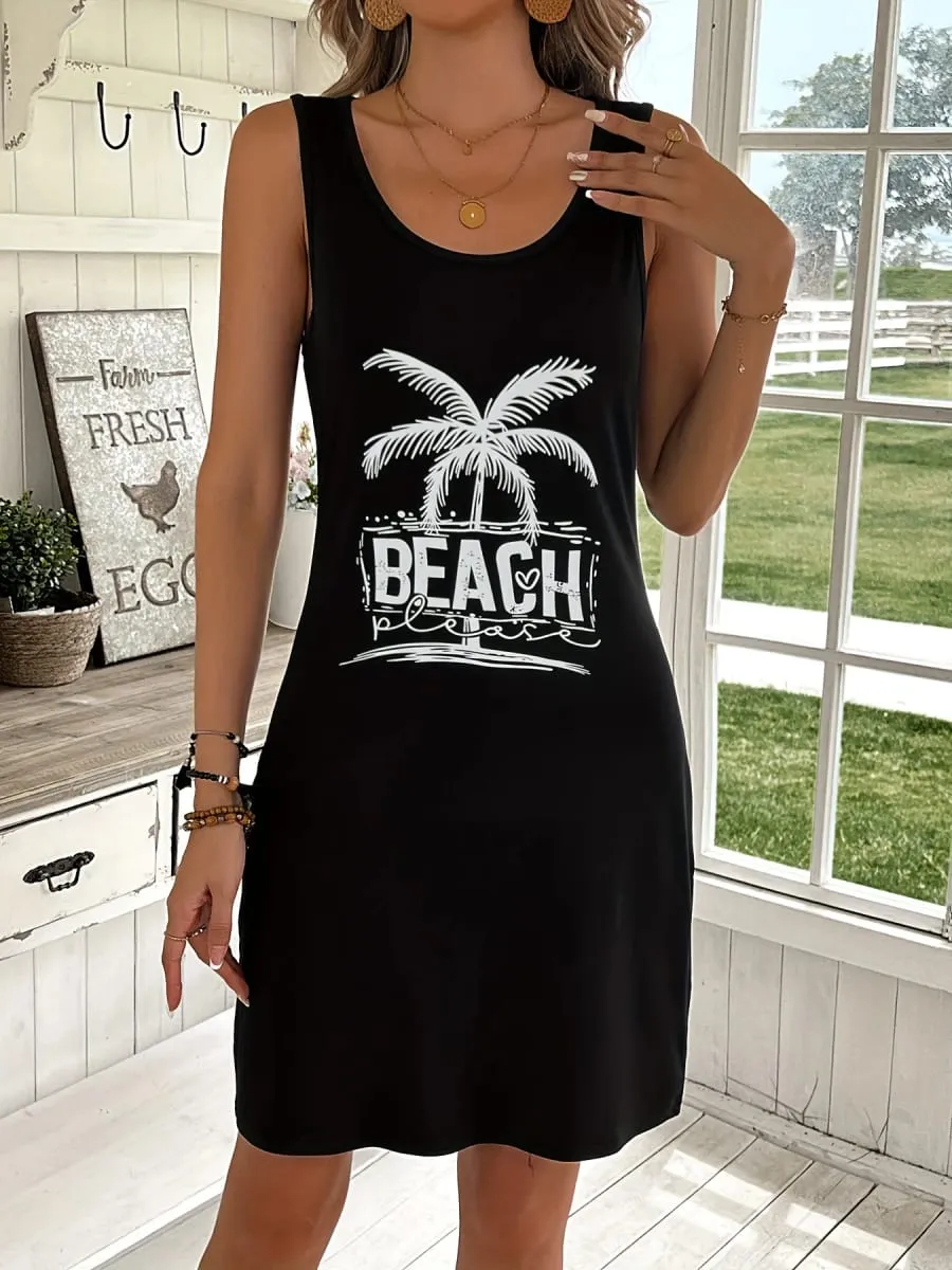 Women's summer loose and comfortable casual palm tree and beach letter printed black sleeveless vest dress punk style dress — image 4