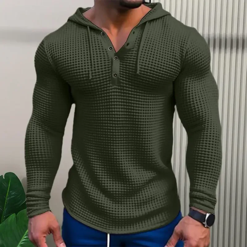 Spring Solid Color Slim Fit Long Sleeved T-shirt Men's Hooded Breathable Sports Top Waffle Cotton Casual Long Sleeved Shirt
