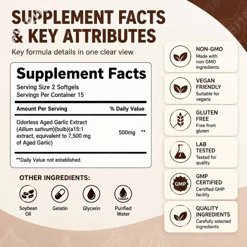 Softgels תמצית שום מיושן ללא ריח 7500 מ"ג 24 חודשים צמחי מרפא מותססים פורמולה בוטנית קרדיווסקולרית תמיכה חיסונית 30 ספירה — image 3