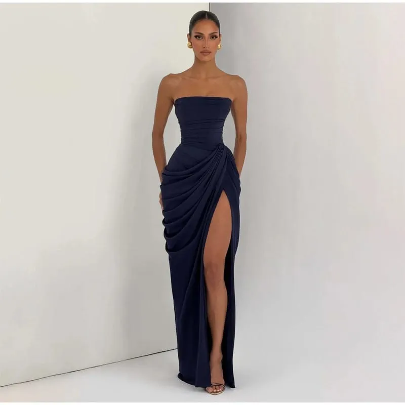 Women Sexy Solid Pleated Dress Lady Chic Off-shoulder Backless Strapless High Waist Split Dresses 2026 Summer Evening Party Gown