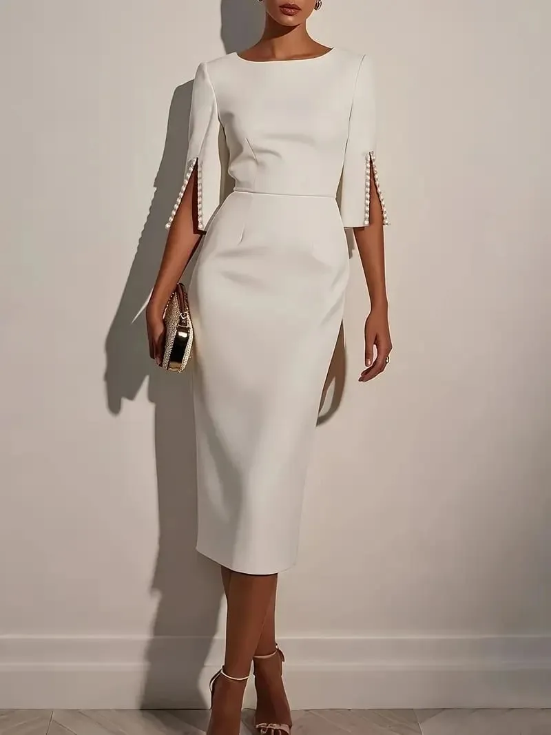 Women's Solid Color Elegant Round Neck Half Sleeve Beaded Decorated Slim Fit Midi Dress — image 1
