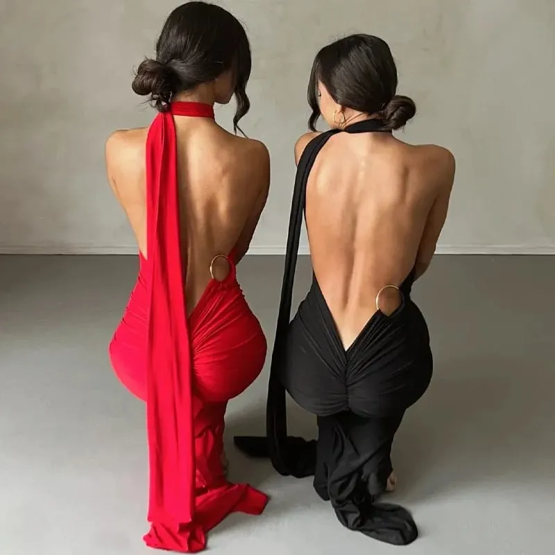 Kvinnor ärmlös maxiklänning med en axel, justerbar halsduk Loop Ruched Backless Bodycon Festival Festoutfit Elegant långklänning — image 2