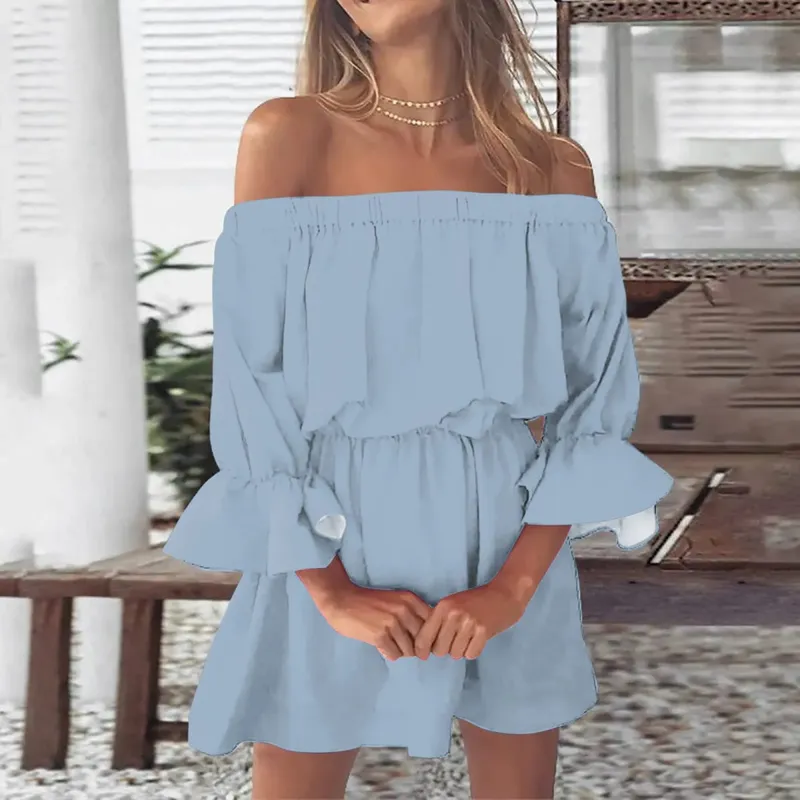 Sexy Off Shoulder Tunic Dress Women Solid Color Flare Sleeve Elastic Waisted Short Dresses Streetwear Midi Dress Ropa De Mujer