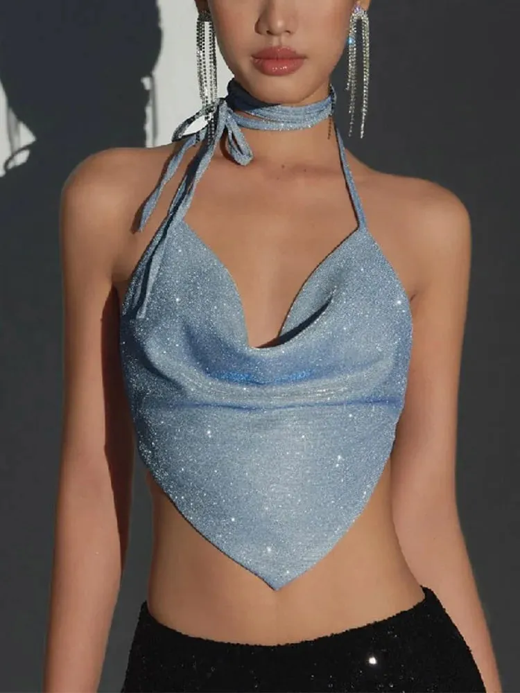Halter Top Glitter Tanks 2024 Summer Outfits Blue Bright Silk Camis Ruched Top Crop Backless Vests Sexy Tops Cropped Clothes — image 1