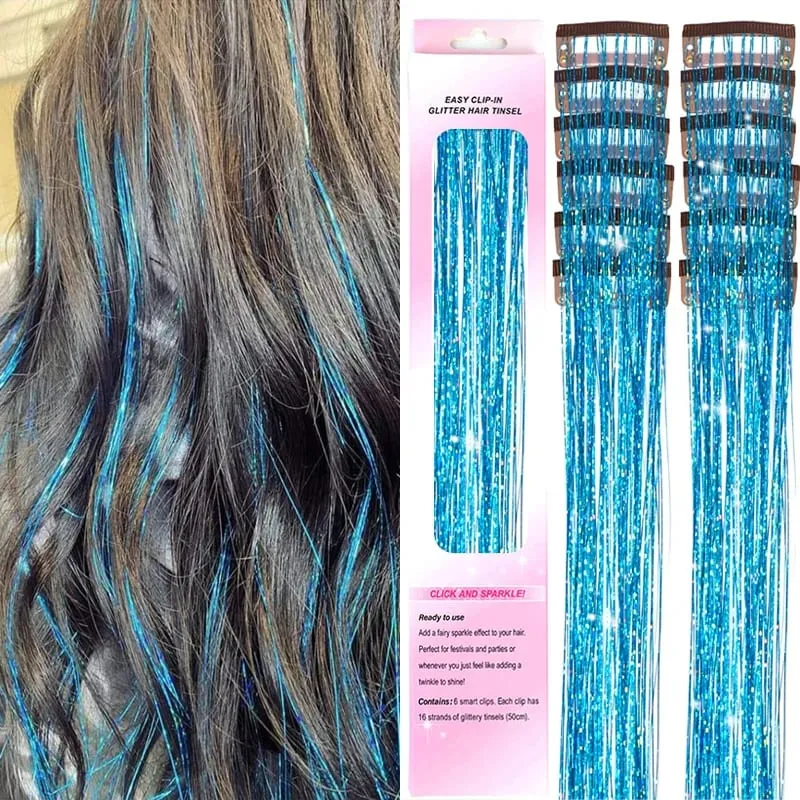 12Pcs Purple Clip in Tinsel Hair Extensions Hairpiece Colored Hair Tinsel Kit Party Highlights Hair Accessories for Women&Kids
