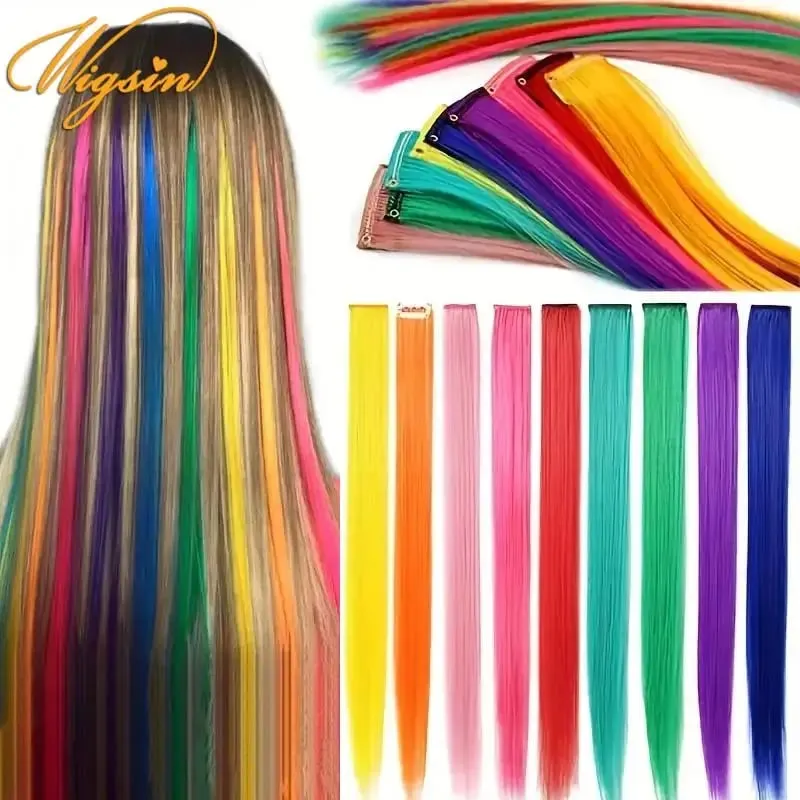 10PCS/Pack Synthetic Colored Party Highlights Clip in Hair Extensions for Girls Omber Colors Long Straight Hairpieces — image 2