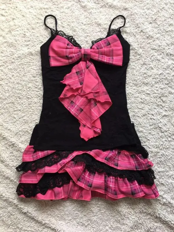 Lace Yarn Pattern Sexy Slim Pink Dress Mini Skirt Tie Rope Halter Bow Lace Decoration Sexy Slim Retro Fashion Aesthetic