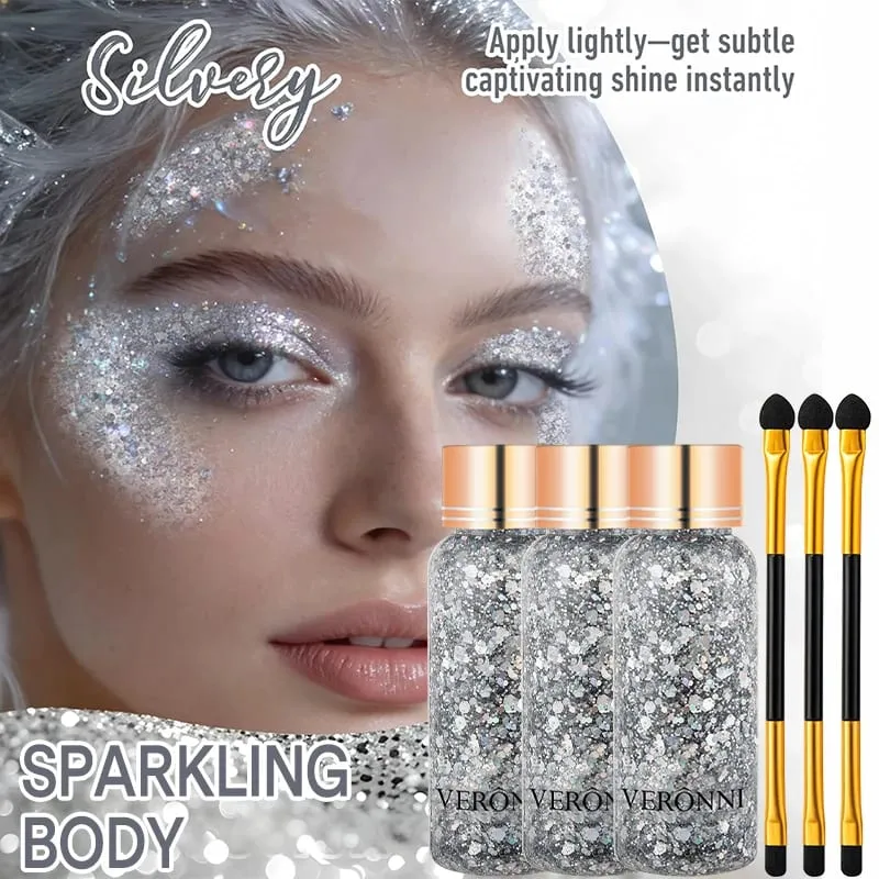 3Pcs Chunky Glitter Set With 3 Double-ended Eyeshadow Brushes For Festival Halloween Party Stage Photoshoot Face Body Makeup