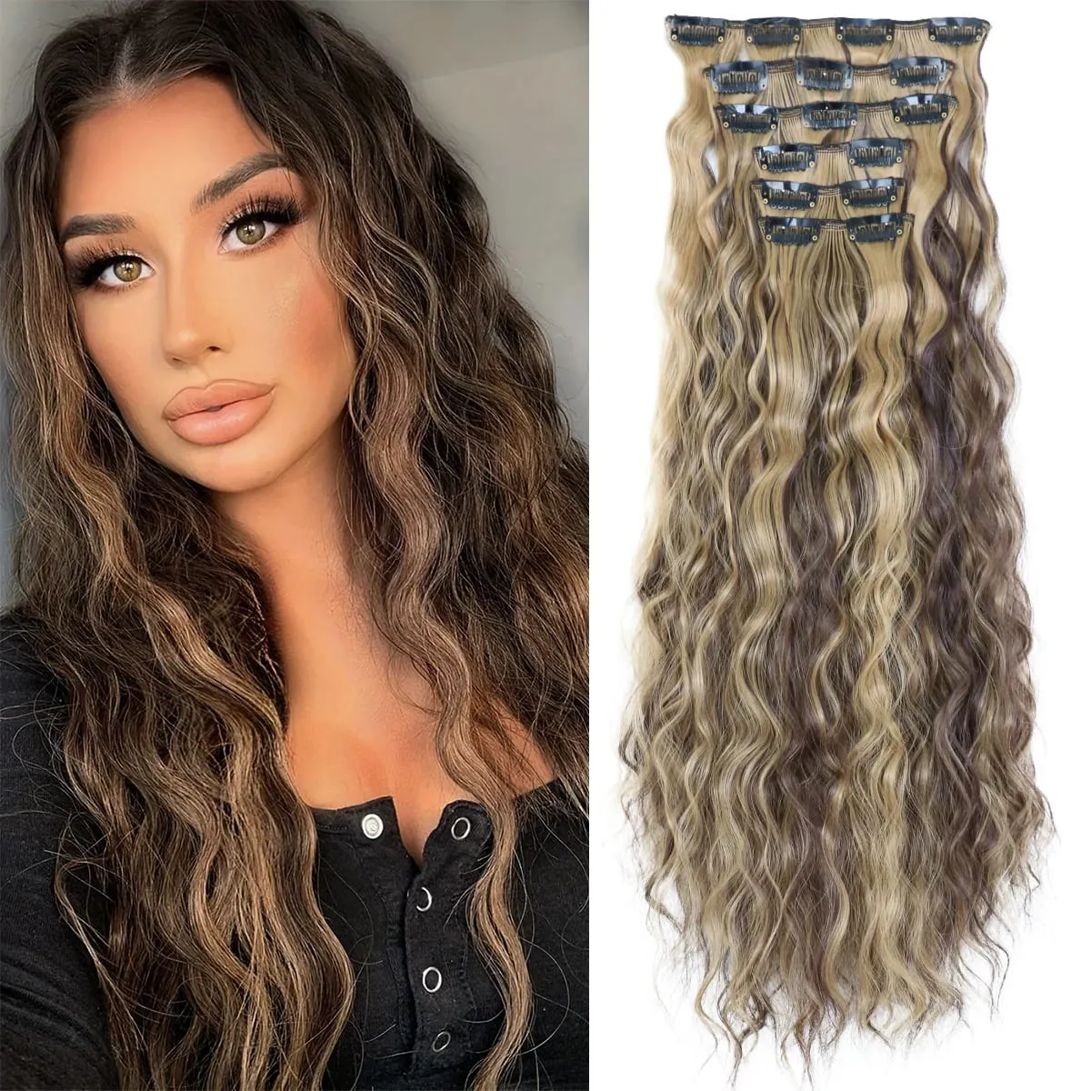 Synthetic Hair Extensions 16Clips In 6PCS Set Curly 22inch Long Clip On Hairpiece Corn Wavy Style For Women Girls Daily Party
