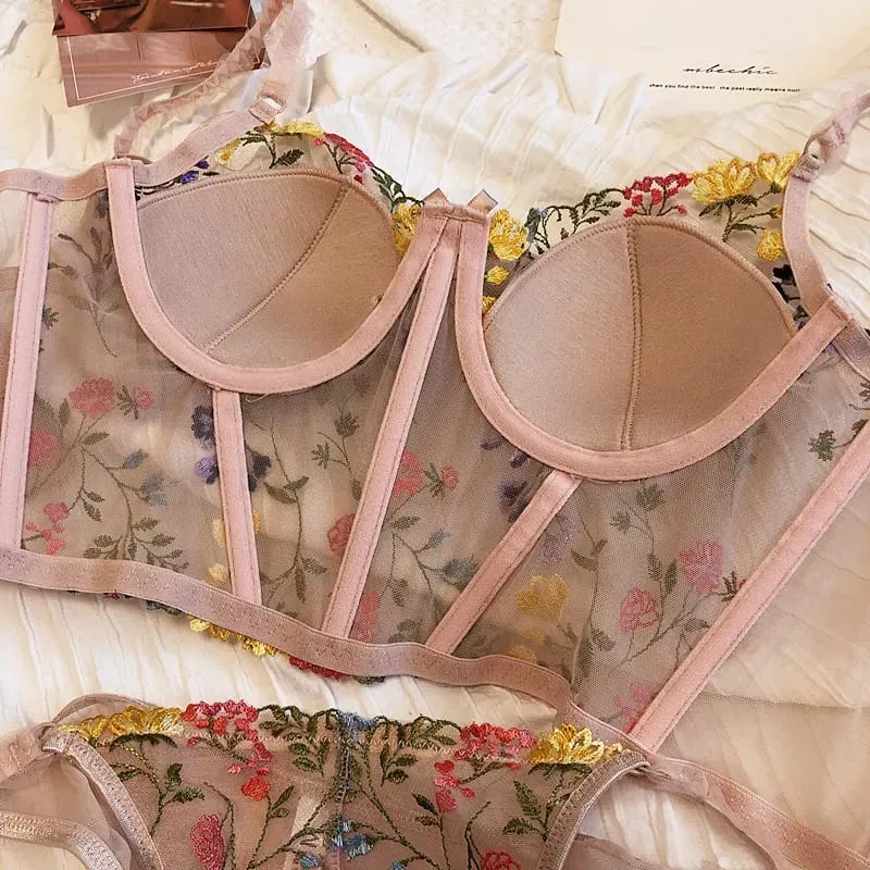 Extended Embroidered Bra And Panty Set Floral Lace Women Underwear Sexy Female Thin Cotton Cup Push Up Lingerie Suit — image 5