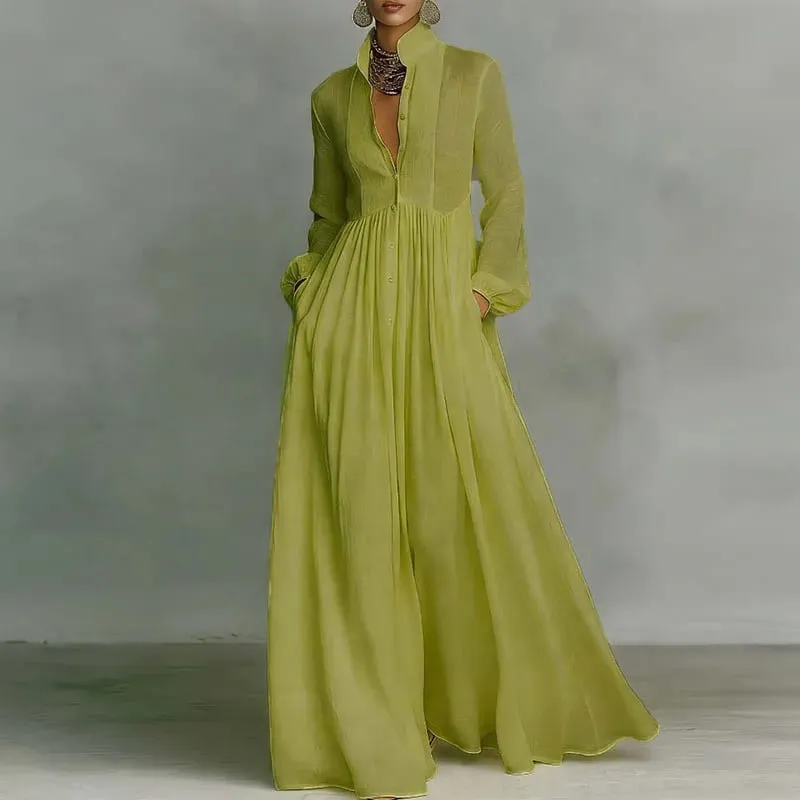Robe longue française élégante, taille haute, balançoire, poches solides, plissée, Maxi, manches longues, boutons, robe de soirée, printemps, automne — image 4