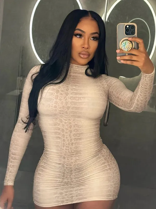 Garip Kedi Seksi Yılan Desen Elbise Kadın Kış Trendi Tam Kollu Seksi Sokak Gece Yarısı Etkinliği Streç Sıska Mini Bodycon