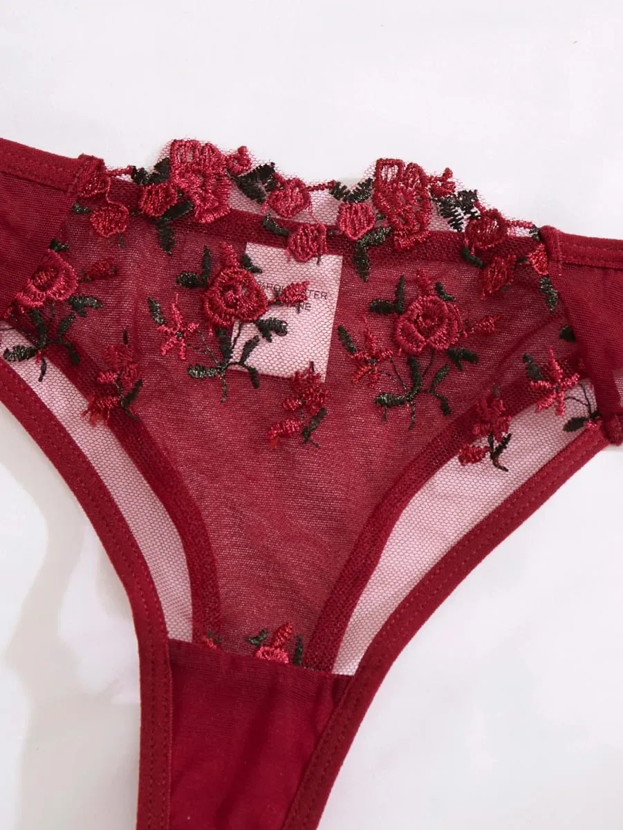 Ladies' Wine Red Heart-Shaped Design Embroidered Semi Transparent Comfortable Breathable Underwear Set Suitable ZA825026 — image 4