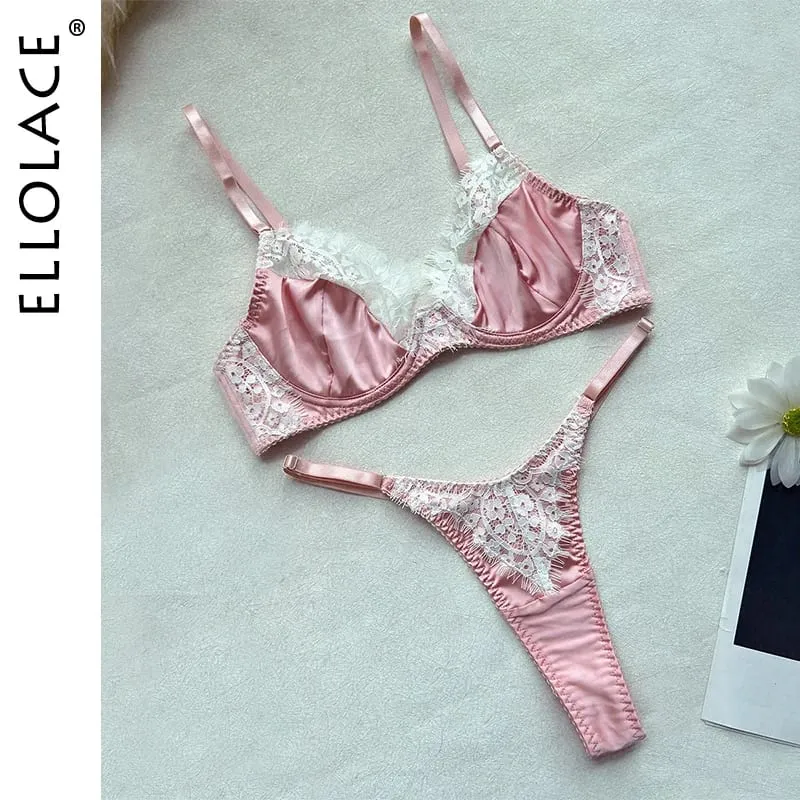 Ellolace โรแมนติกชุดชั้นในสตรีชุด Coquette ซาตินลูกไม้ Bra ทอง 2PC Slim Sensual ร้อนเครื่องแต่งกายหวานเยาวชนสาวชุดชั้นใน — image 3