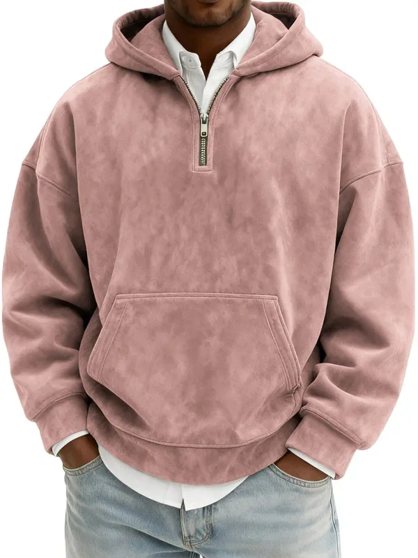 Amerika Fashion Baru Pria Warna Solid Setengah Ritsleting Lengan Panjang Kasual Trendi Harian Berkerudung Kaus Pria Hoodies Pakaian Atasan — image 14