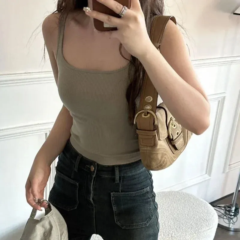 Solid All-Match Invisible Integrated Chest Pad Cami 2024 Spring New Korean Women clothes Short Sleeveless Top — image 5