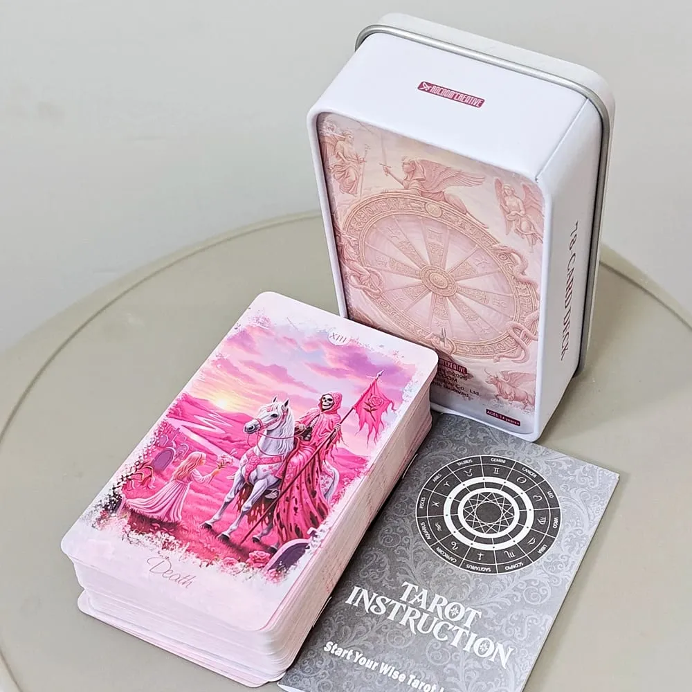 Pembe Romantik Fantezi Tarot Güverte Teneke Kutuda 11*6.2 cm 78 Kartlı Tam Güverte Talimat Kitabı Manevi Kehanet Oracle — image 2