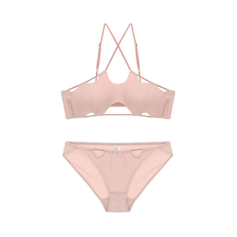 Sexy hanging neck bra simple solid color cross back bustier without steel ring breathable lingerie briefs women's underwear