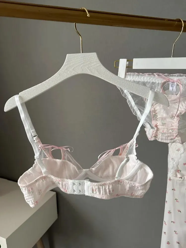 Kawaii Lace Bralette Set Japanese Floral Mesh Underwear Summer Ultra-Thin Lace-Up Cutout Romantic Bra 2024 New Kawaii set — image 4