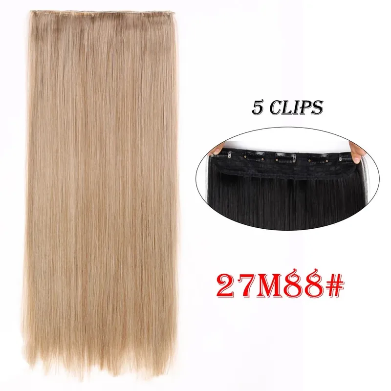 One Piece Clip In Hair Extensions 24" Straight Thick Synthetic Clip In Hairpieces Highlights Black Brown Soft For Women Daily