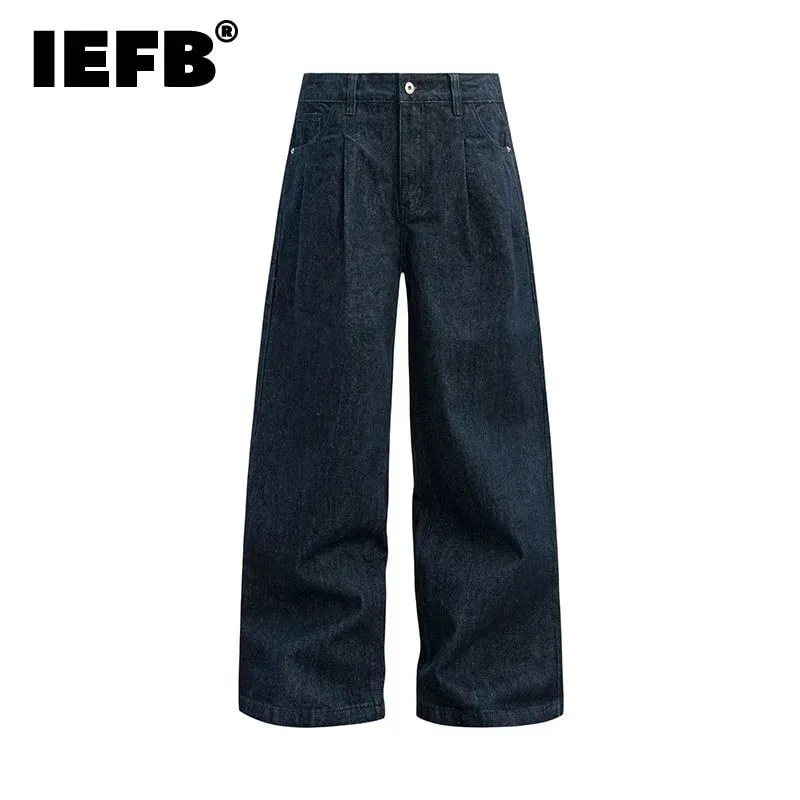 American Style Wide Leg Men's Jeans Trendy Loose Floor Silhouette Straight Denim Pants Solid Color Male Trousers 9W2260 — image 2