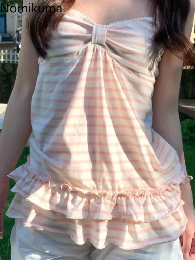 Japanese Sweet Vest Women Clothing Vintage Striped Sleeveless Tees Fashion Summer Camis Ruffles Slim Fit Vintage Tank Ropa Mujer — image 1