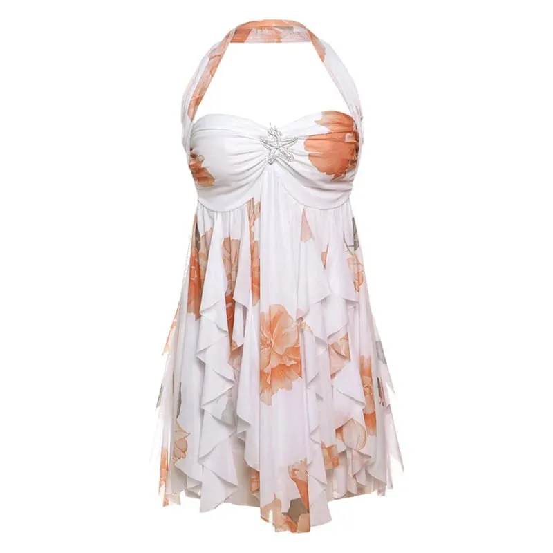 Flower Printed Mesh Strapless Mini Dress Low Neck Sleeveless Backless Dresses Chic High Street Daily Commute 2025 Lady New Robe