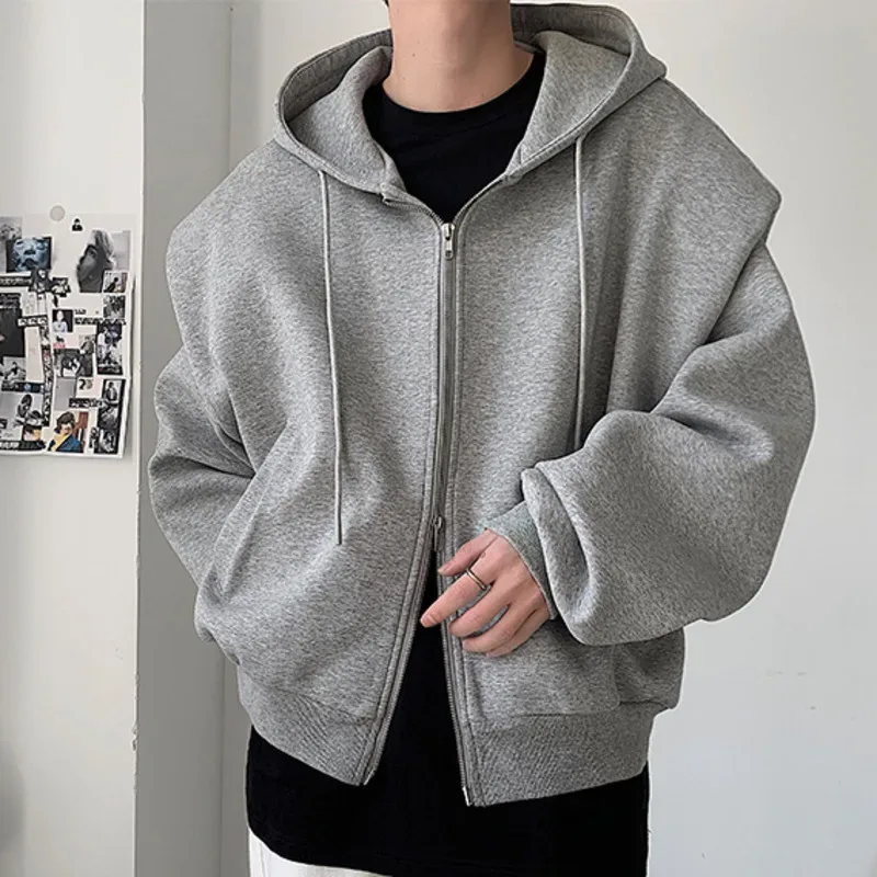 2024 Autumn New Padded Shoulder Design Solid Streetwear Men Double Zip-up Hooded Sweatshirts Harajuku Casual Daily Hoodies — image 3