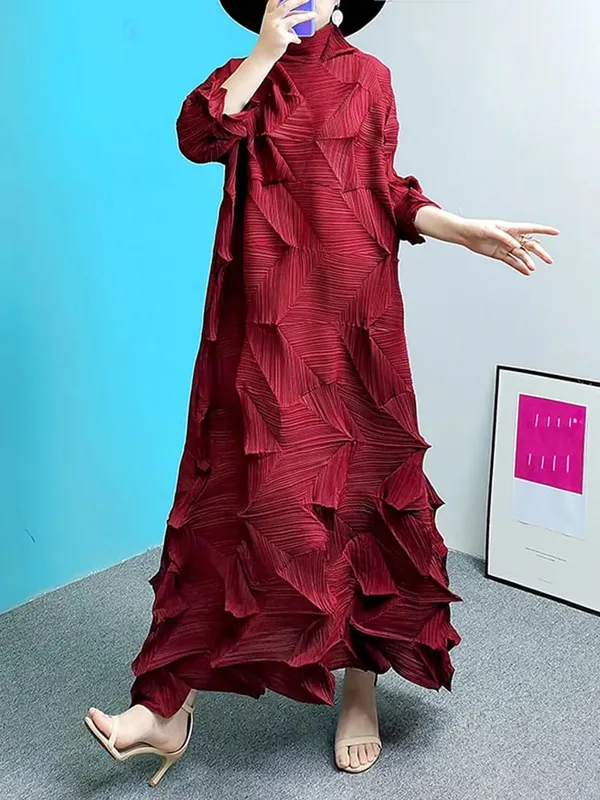 Pleated Maxi Dress For Women Turtleneck Solid Color Loose Style Female Fashion Clothing 2025 Spring Summer New 2DA3596 — image 10