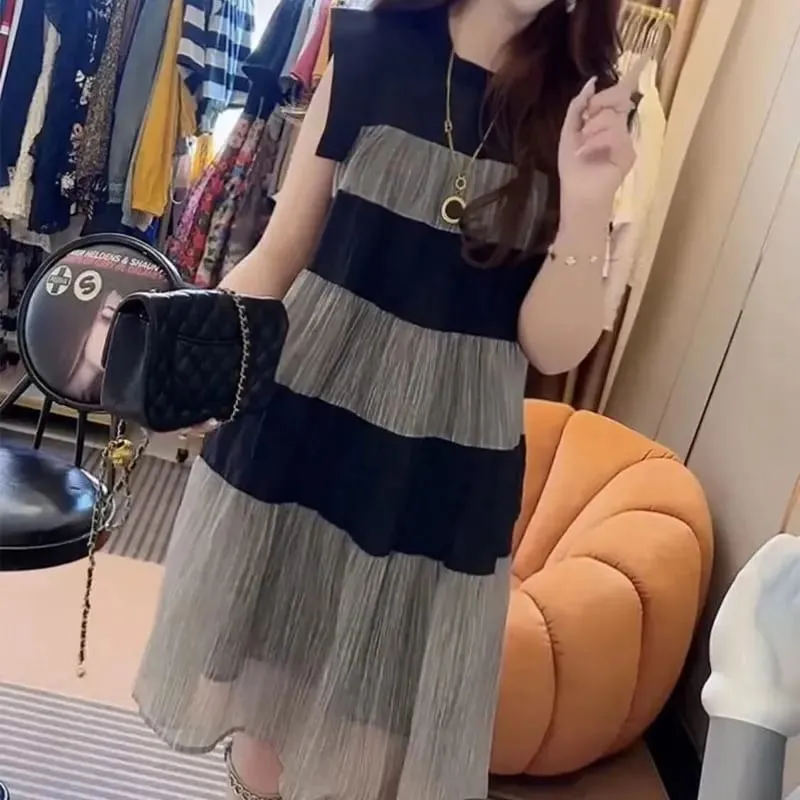 Casual Loose Patchwork Striped Dresses Female Clothing A-Line Contrasting Colors Summer Sleeveless Korean Round Neck Midi Dress — image 3