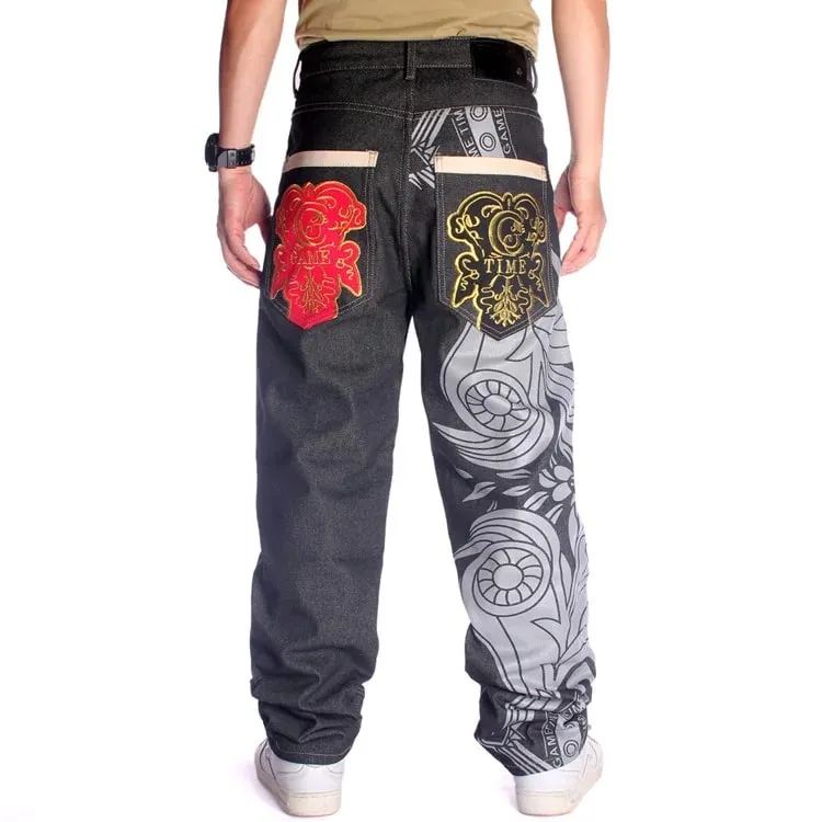 Jean Print Distressed Men Embroidery Jeans Straight Denim Pants Full Length Washed Mid Waist Zipper Fly Pockets Hiphop Loose