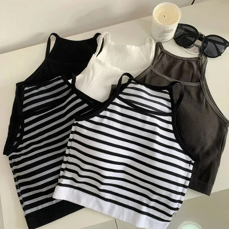 Women Spaghetti Strap Striped Tank Top Sleeveless Backless Summer Y2K Going Out Ribbed Cami Crop Tops — image 4